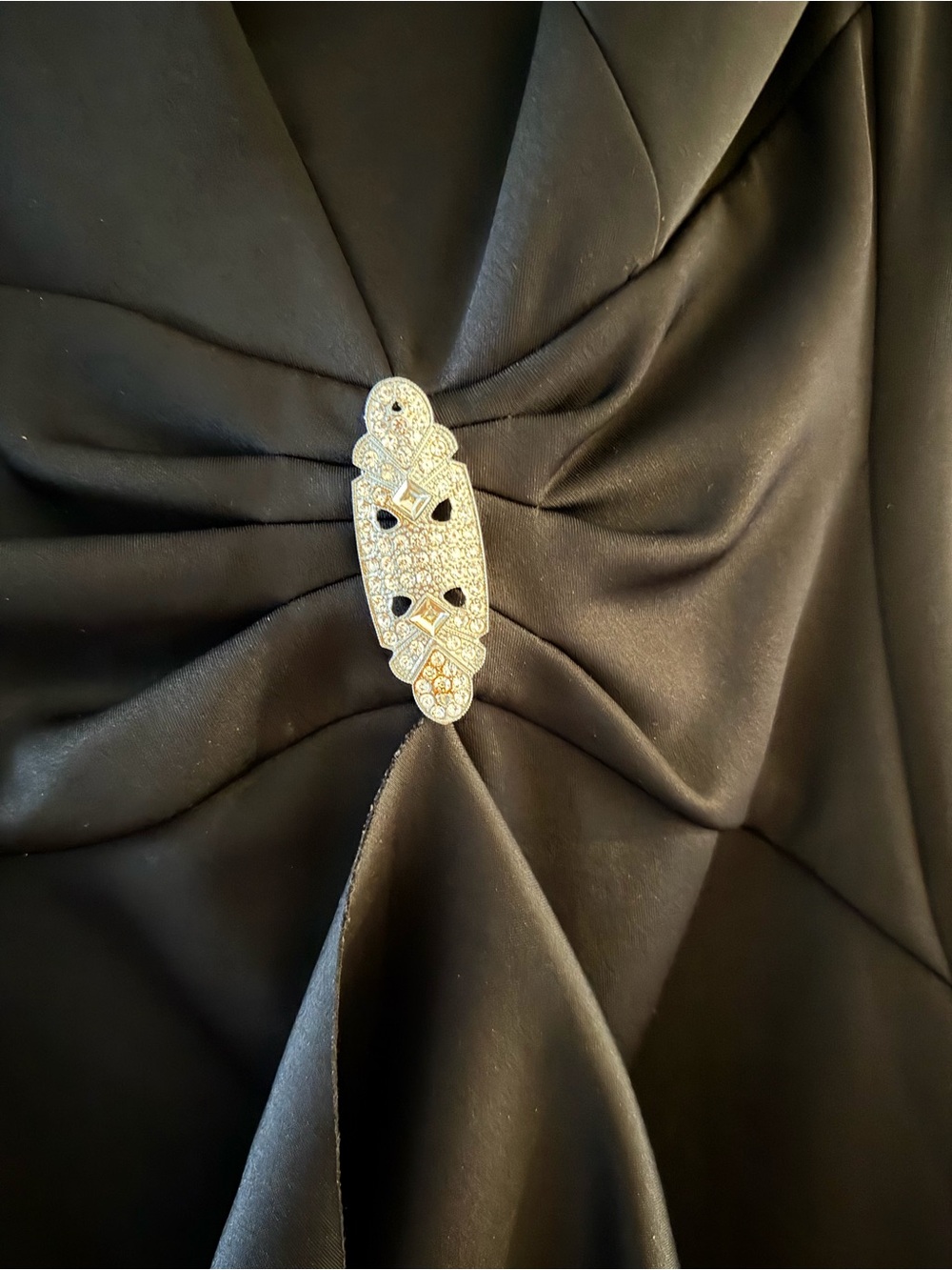Crystal Art Deco Brooch Accent on Black Dress